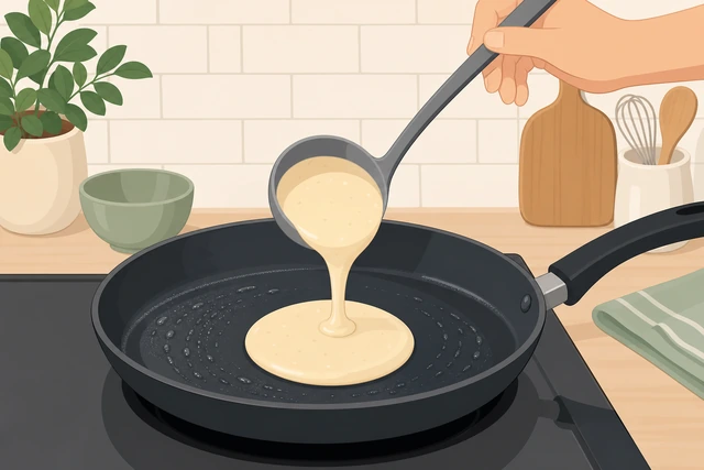 Illustration: a light film of butter on a skillet and a ¼-cup pour of batter forming a round puddle