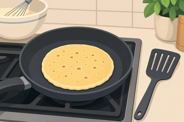 Illustration: pancake cooking in a skillet with open bubbles on top and set edges, spatula peeking under for golden color