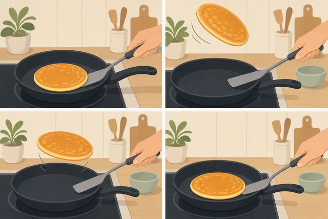 Illustration: a thin spatula flipping a pancake in one smooth motion in a nonstick skillet