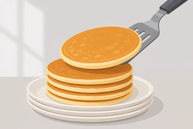 Illustration: a finished pancake stacked on a plate while more batter is poured into the wiped skillet