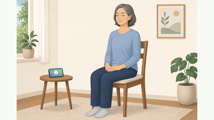 Illustration: person sitting upright and calm on a cushion with eyes closed, soft timer nearby