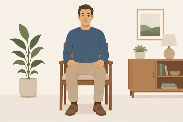 Illustration for Sit down in an upright, stable, comfortable seat.