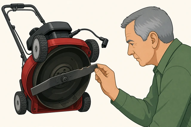 Illustration: hand closely inspecting a dull, nicked mower blade edge with spark plug wire disconnected