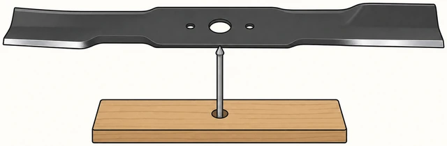 Illustration: mower blade resting balanced on a nail-and-hole balancer after being sharpened