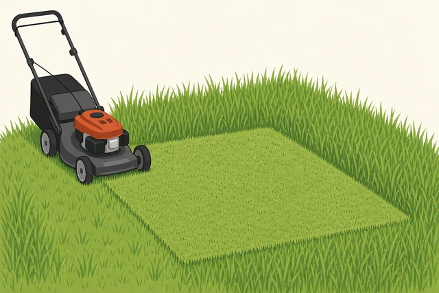 Illustration: freshly mowed small test patch of lawn showing a clean even cut after reinstalling a sharpened blade