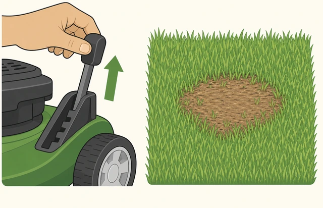 Illustration: hand raising a mower deck-height lever higher next to a lawn with a visible scalped brown patch