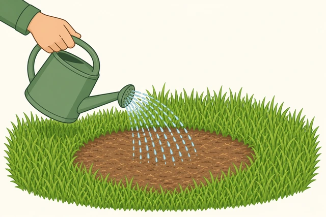 Illustration: watering can gently watering a brown scalped patch of lawn left unmowed to recover