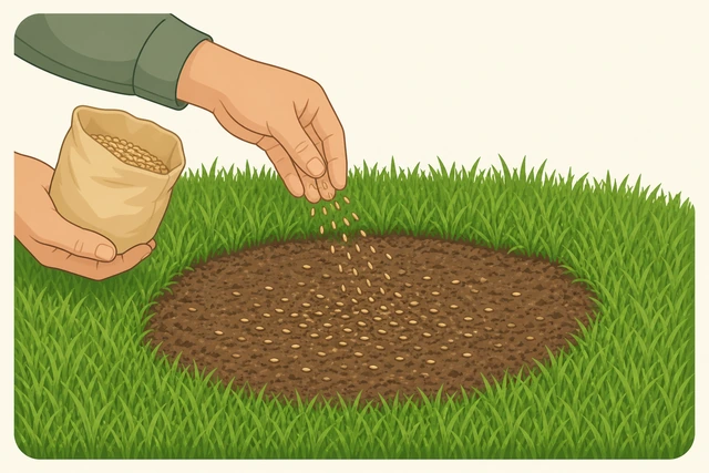 Illustration: hand spreading grass seed over a bare scalped soil patch on an otherwise green lawn