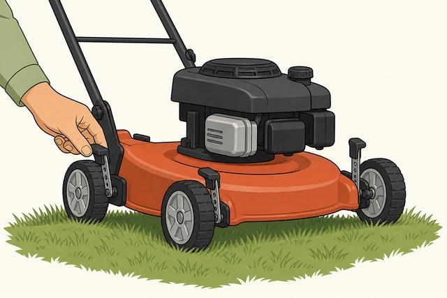 Illustration: checking that all four mower wheels are set to the same height on uneven ground