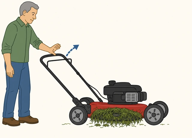 Illustration: person releasing a mower's safety bar to stop it after the deck clogs with wet grass clippings