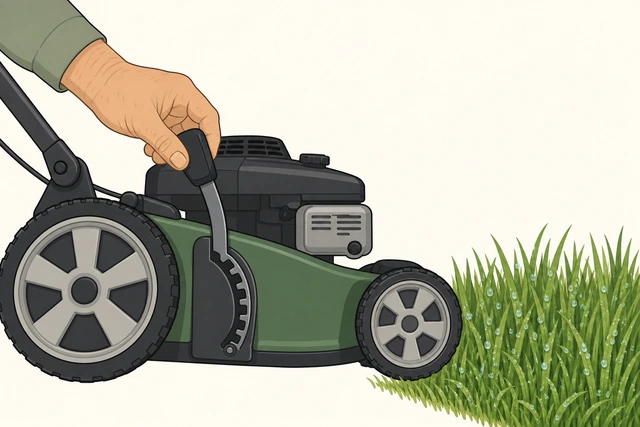 Illustration: hand raising a mower deck-height lever higher than usual before mowing damp grass