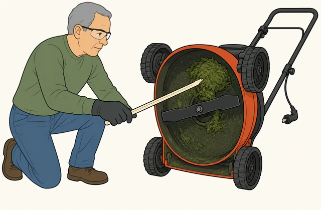 Illustration: hand using a plastic scraper stick to clear clumped wet grass from a mower deck, engine off