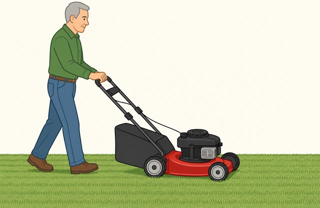 Illustration: person mowing a second, lower pass over grass already cut once at a higher height