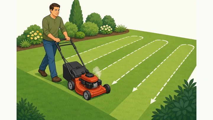 Illustration: person pushing a lawn mower in a straight overlapping pass across a green lawn