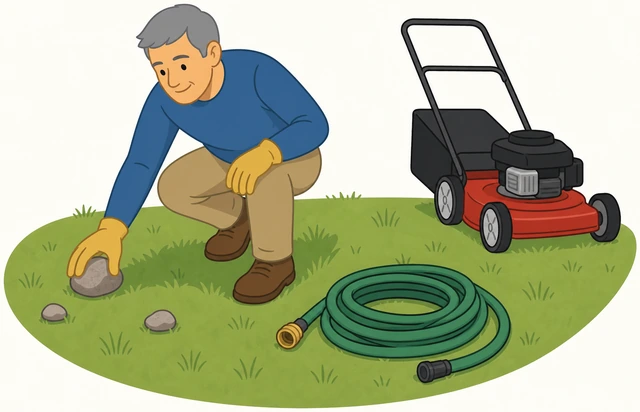 Illustration: person walking a lawn picking up a rock and a garden hose before mowing, mower parked off to the side