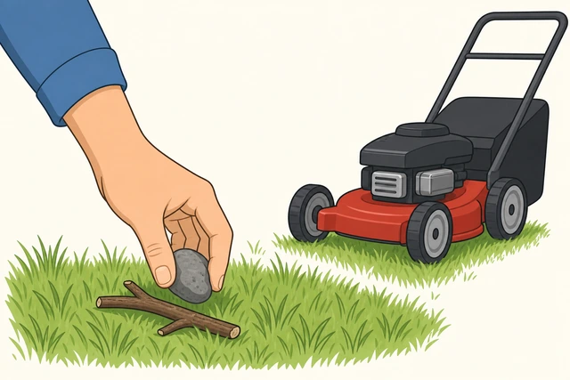 Illustration: hand picking up a stick and a small rock from a lawn, mower waiting nearby with blade not turning