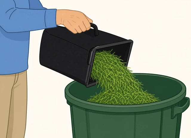 Illustration: hand emptying a full grass-clippings bag from the back of a mower into a yard waste bin