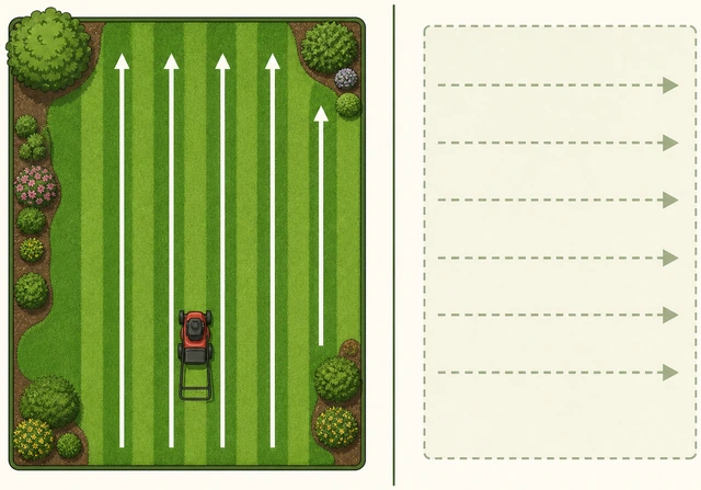Illustration: overhead diagram of a lawn showing mowing stripes in one direction this week and a different direction planned next time