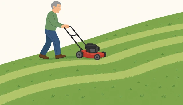 Illustration: person mowing across a sloped lawn side to side rather than straight up and down the hill