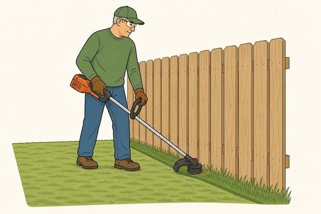Illustration: person using a string trimmer along a fence line edge next to freshly mowed lawn