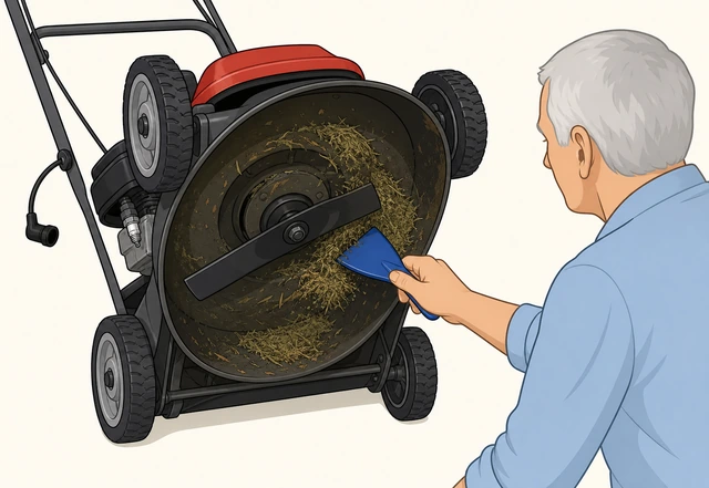 Illustration: person scraping dried grass from underneath a tipped-back mower deck with engine off and cool