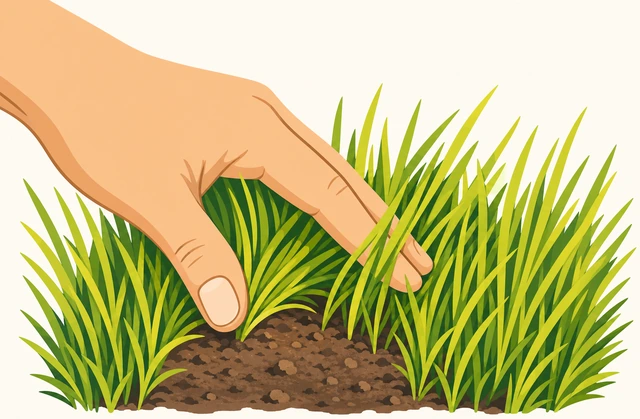 Illustration: hand touching dry grass blades in sunlight, checking soil is not damp before mowing