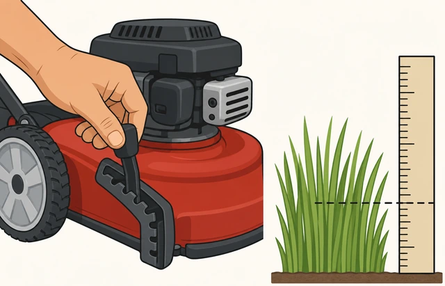 Illustration: hand adjusting a mower deck-height lever next to grass measured against a ruler showing one-third mark