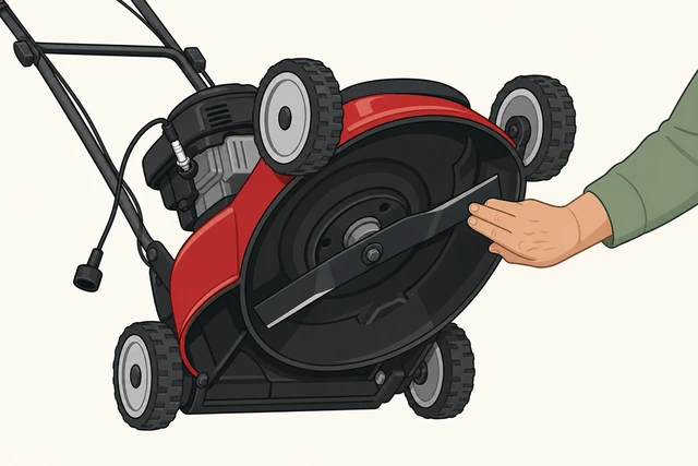 Illustration: hand inspecting a tipped mower blade for sharpness with spark plug wire visibly disconnected
