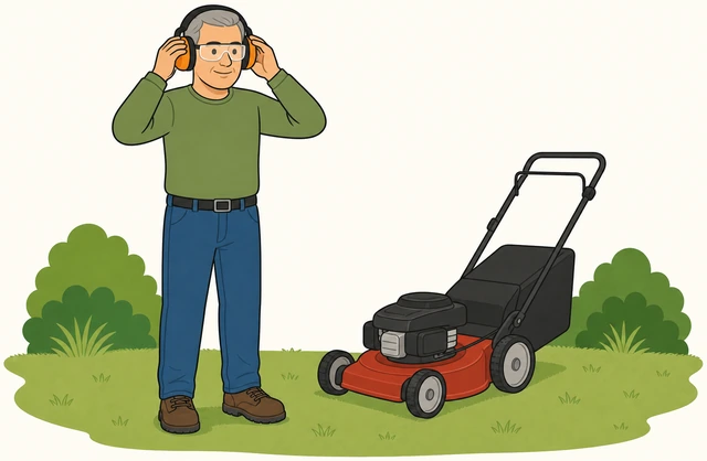 Illustration: person putting on ear protection and safety glasses outdoors with mower parked nearby