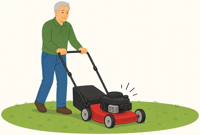 Illustration: person starting a push mower on a flat clear patch of lawn, engine running steadily