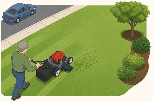 Illustration: mower positioned with discharge chute facing open lawn away from a street and parked car