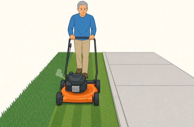 Illustration: person mowing a straight first strip of lawn alongside a driveway edge used as a guide line