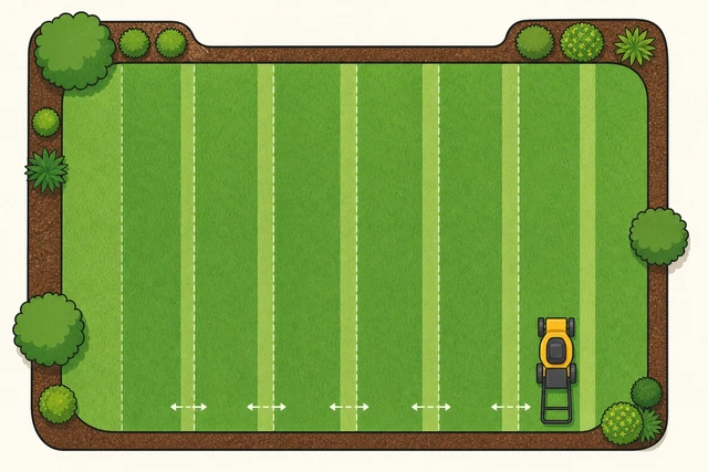 Illustration: overhead view of overlapping mower strips across a lawn with a couple inches of overlap between passes