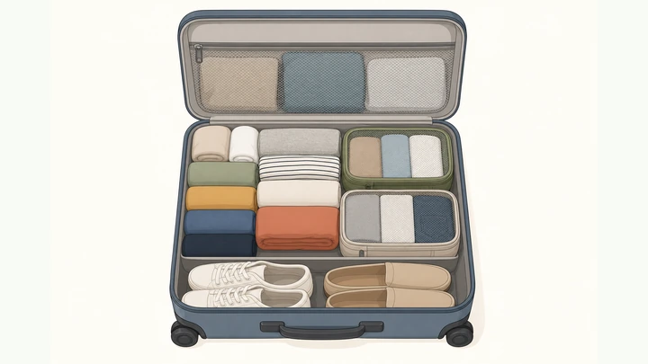 Illustration: neatly packed open suitcase with rolled clothes packing cubes and shoes at the base