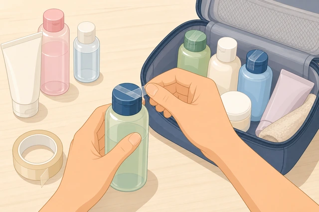 Illustration: taping toiletry bottle caps before packing