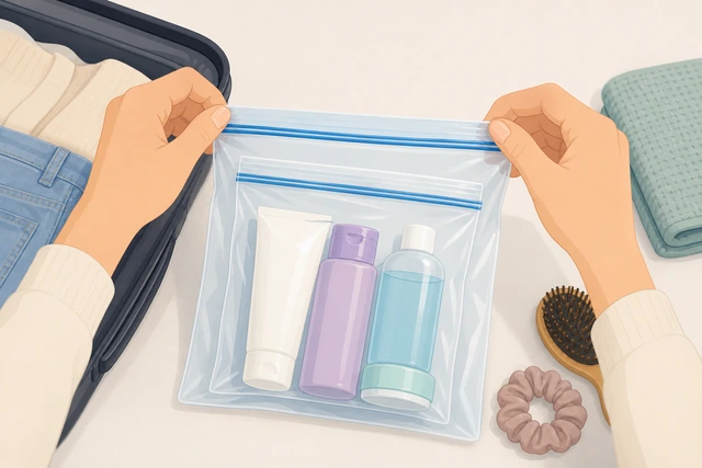 Illustration: double zip-bagging toiletries against leaks