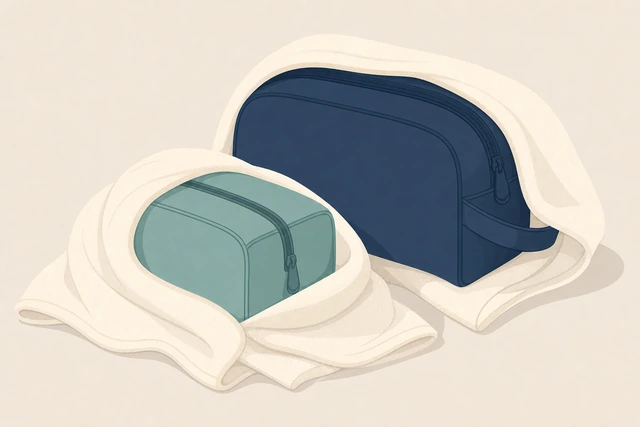 Illustration: absorbent cloth wrapped around toiletry bags