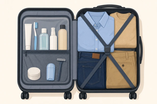 Illustration: toiletries separated from dress clothes in suitcase