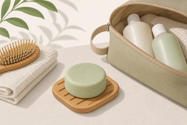 Illustration: solid shampoo bar alternative to liquid bottles