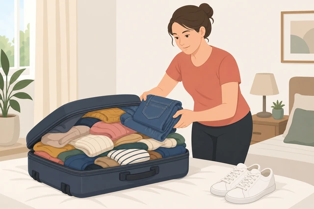 Illustration: removing extra shoes and jeans from an overweight suitcase