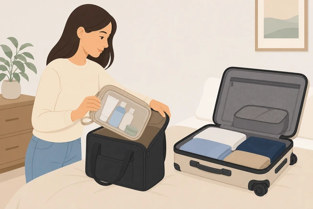 Illustration: moving toiletry bag into a personal item to save suitcase weight