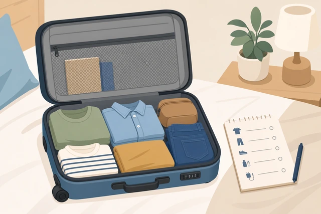 Illustration: open suitcase beside a short packing list and weather note