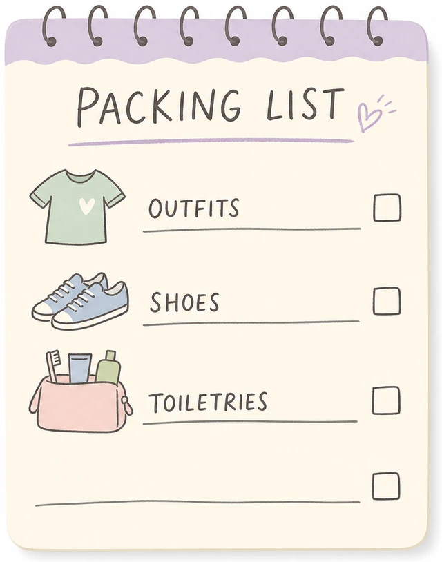 Illustration: short packing list for outfits shoes and toiletries