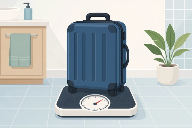 Illustration: suitcase on a bathroom scale for weight check