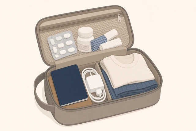 Illustration: personal item bag with passport meds charger and a spare outfit