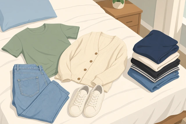 Illustration: clothes laid out on bed with maybe pile removed