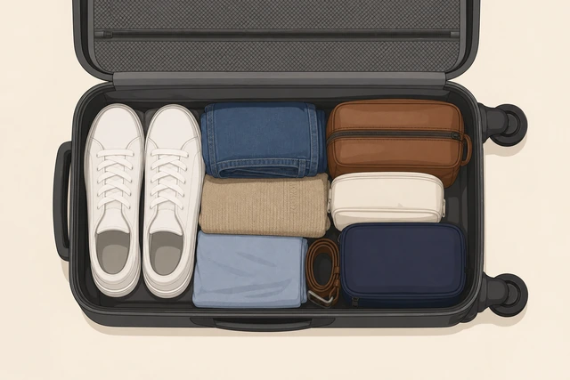Illustration: shoes and dense items packed at the wheel end of a suitcase