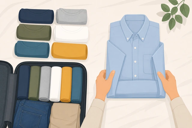 Illustration: rolling t-shirts and folding a button-up for packing