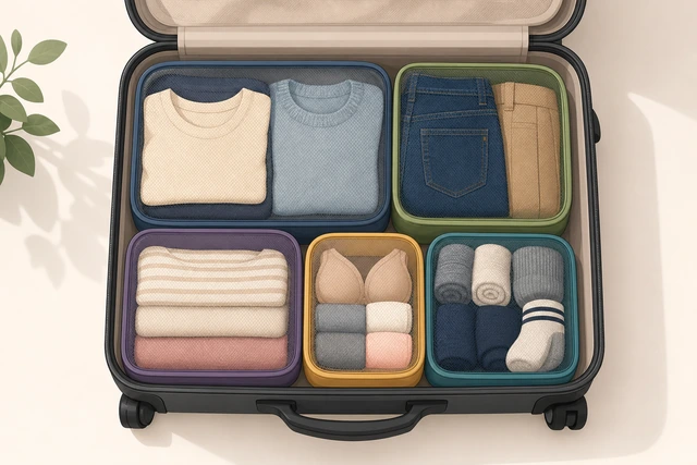 Illustration: packing cubes filled by category in a suitcase
