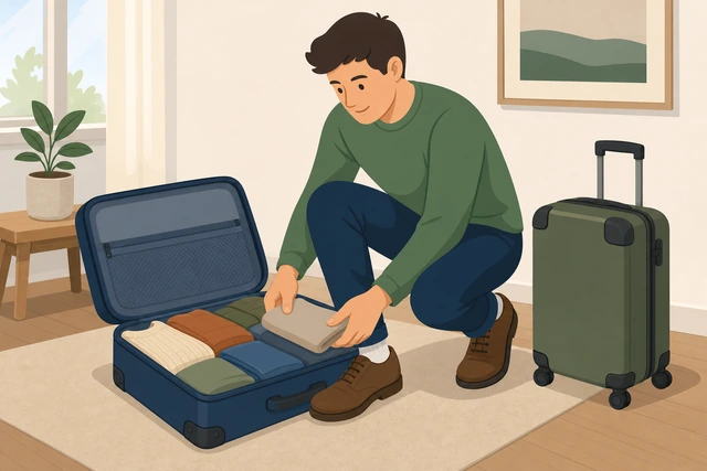 Illustration: socks tucked into shoes and suitcase corners
